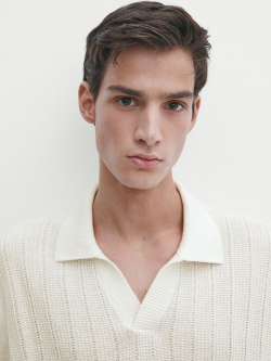 Massimo Dutti Поло в рубчик с короткими рукавами, натуральный, кремовый