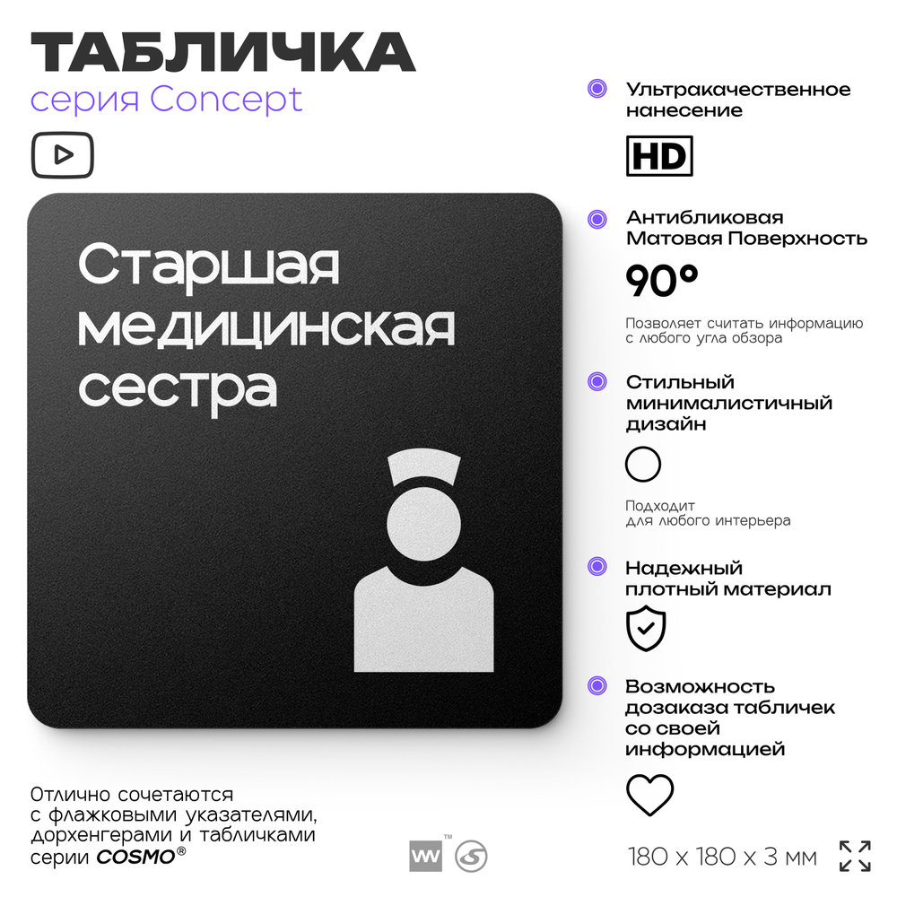 Табличка Медсестра, на дверь и стену, навигационная и информационная, серия CONCEPT, 18х18 см, Айдентика Технолоджи