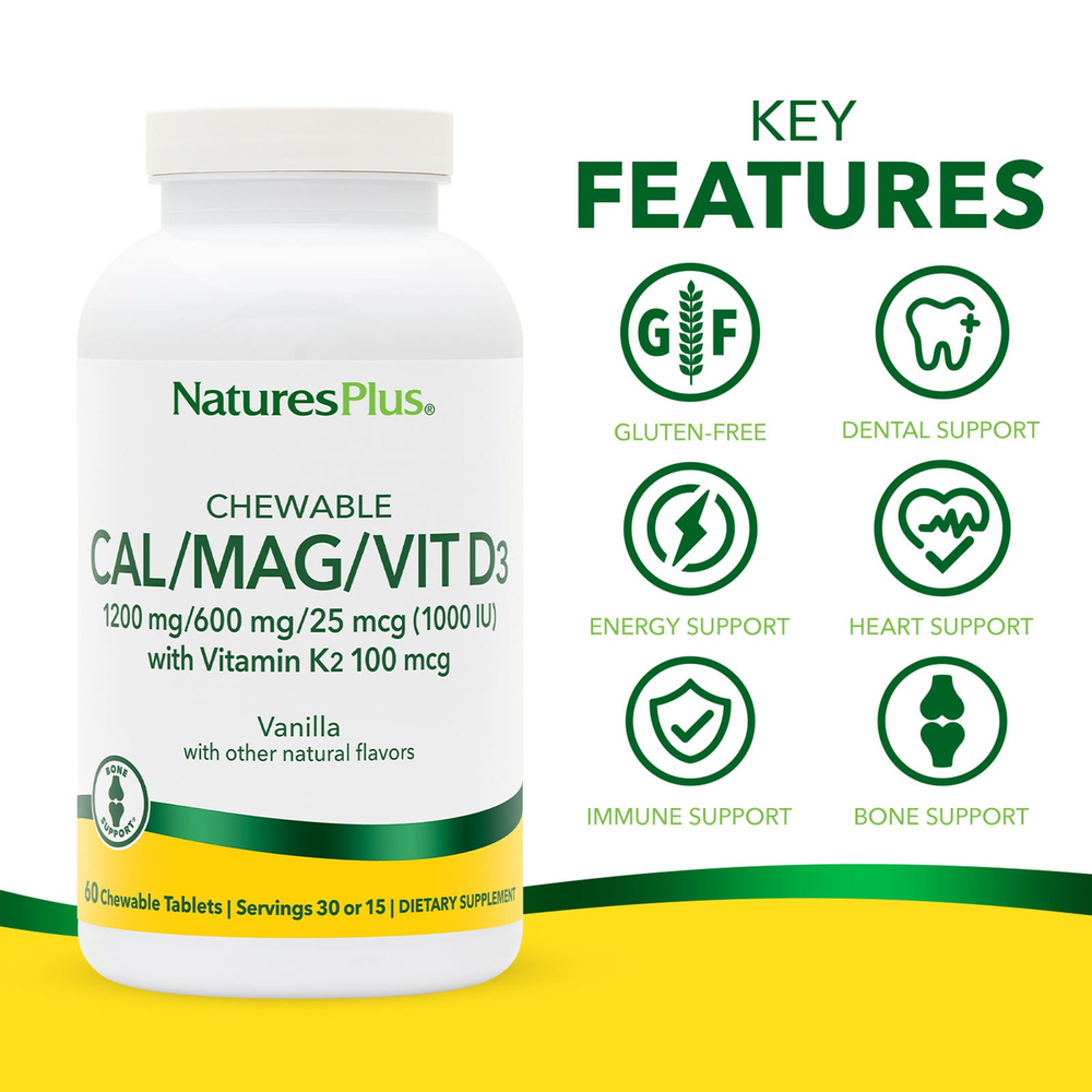 NaturesPlus, жевательные кальций, магний, витамин D3 с витамином K2, ваниль, 60 жевательных таблеток