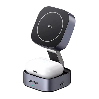 Складная зарядная станция MagSafe Ugreen MagFlow для iPhone и AirPods (Qi2) (W702) Беспроводная зарядка: Qi 15 Вт, Qi 5 Вт. Проводная зарядка: USB-C (5 Вт). Сертификация Qi2. Есть LED-индикация