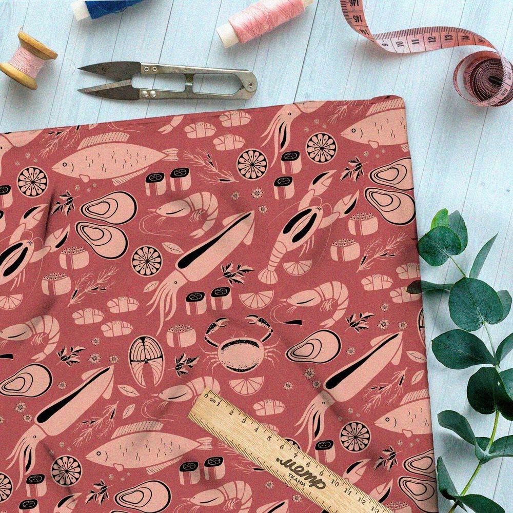 Ткань таффета коралловые морепродукты на красном фоне