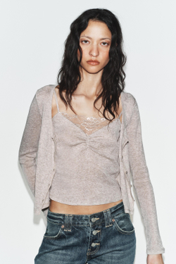 ZARA КАРДИГАН С КОНТРАСТНЫМ КРУЖЕВНЫМ ТОПОМ, ПЕСОЧНЫЙ МЕЛАНЖ
