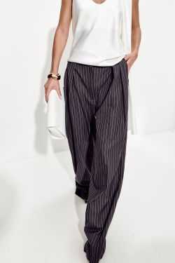 Брюки палаццо свободные с защипами темно-серого цвета в полоску