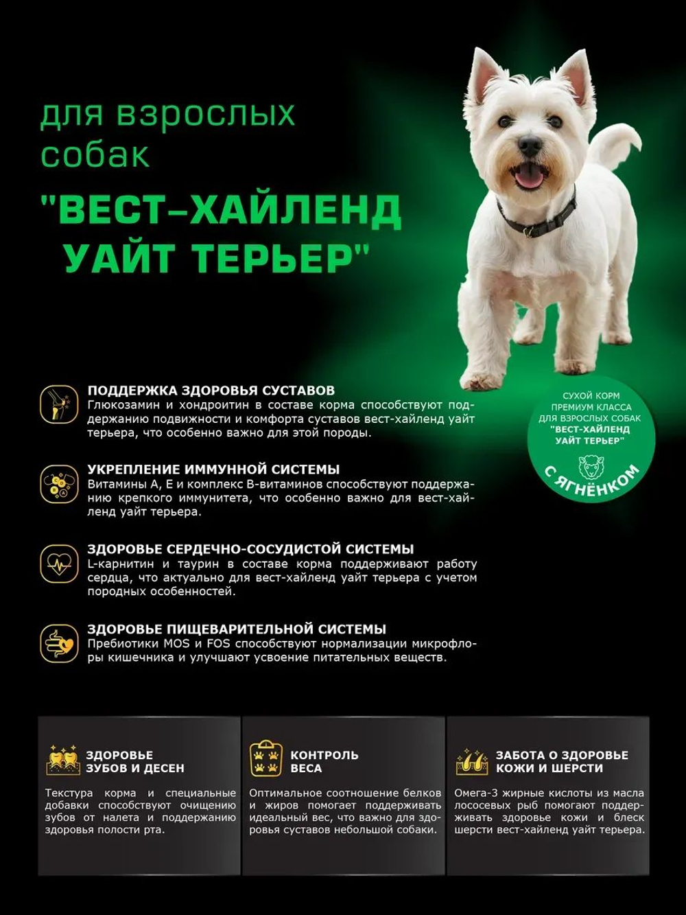 Корм сухой для взрослых собак породы Вест-хайленд уайт терьер, с ягненком, 12 кг, QUATTRO