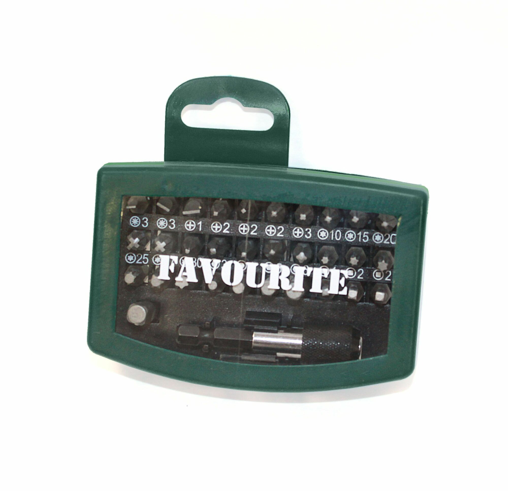 Биты для шуруповертов FAVOURITE FAV 32 SETS , в кейсе 32 предмета: 30 бит (25 мм), переходник для торцевых головок (25 мм), адаптер с быстрозаж. патрон. 60 мм.