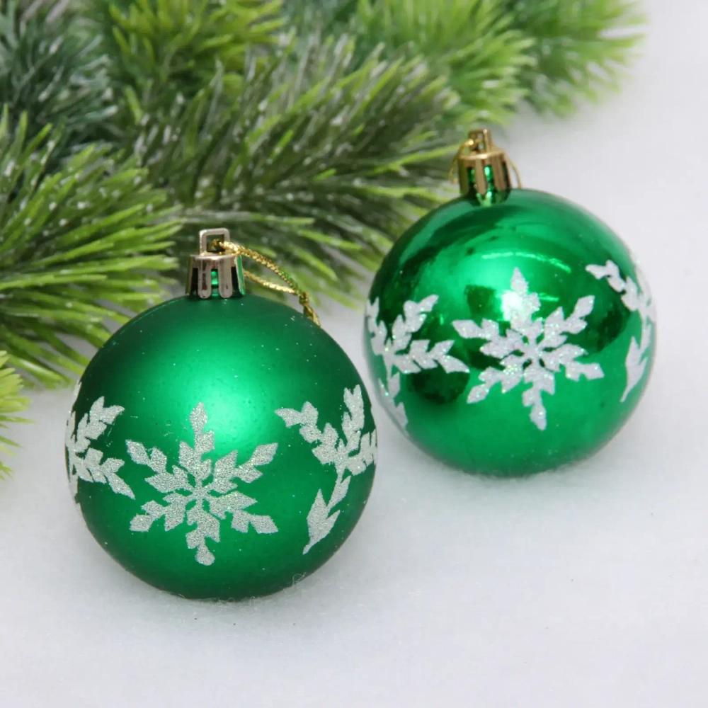 Новогодние шары «Снежный шарм» 6 см (набор 6 шт), Зеленый