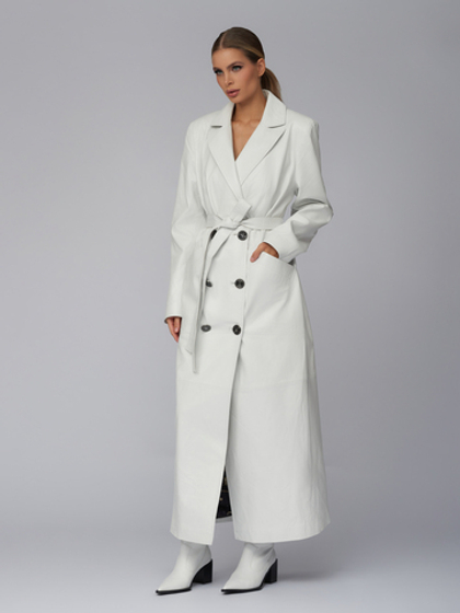 Женский белый кожаный плащ с поясом