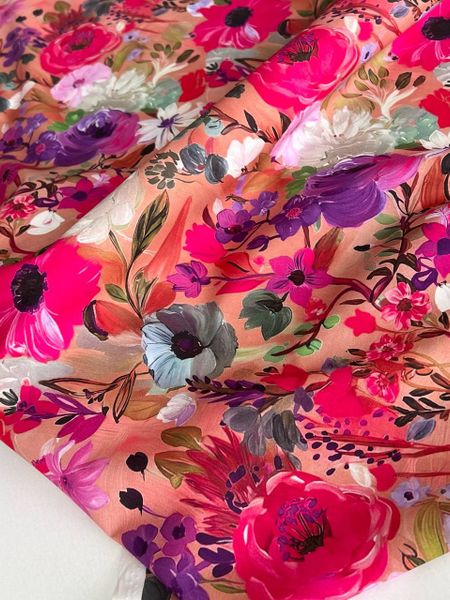 ЯРКИЕ АКВАРЕЛЬНЫЕ ЦВЕТЫ НА ПЫЛЬНО РОЗОВОМ - 100% ХЛОПОК 2