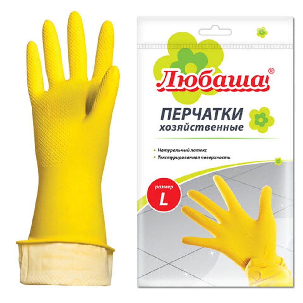 Перчатки МНОГОРАЗОВЫЕ латексные ЛЮБАША "ЭКОНОМ", хлопчатобумажное напыление, размер 8-9, L (большой), желтые, вес 32 г