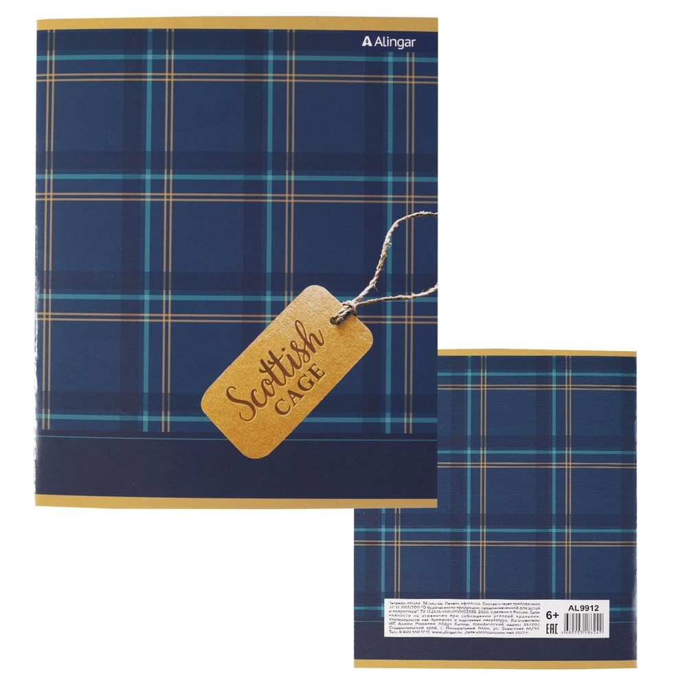 Тетрадь 36 л., А5, клетка, Alingar "Шотландская клетка", скрепка, второй блок 60г/м2, мелованный картон (стандарт), 4 дизайна в пленке т/у