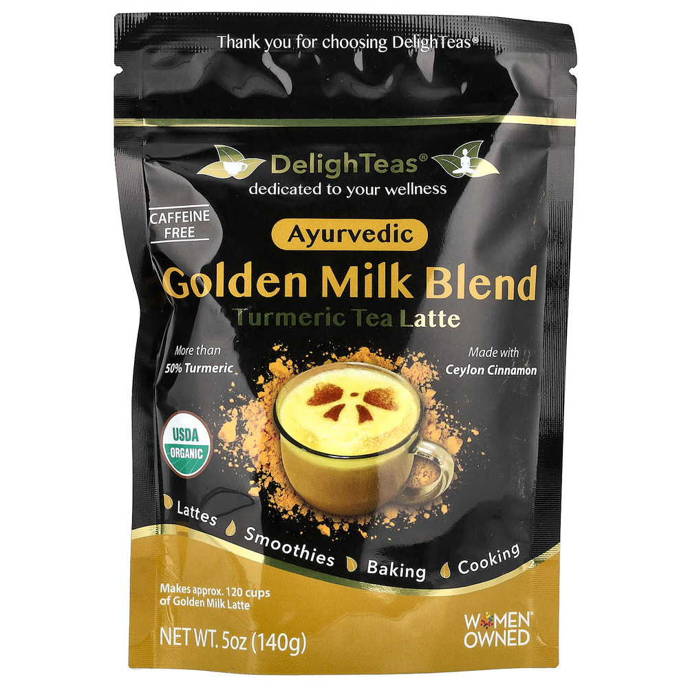 DelighTeas, чай латте с куркумой, аюрведическая смесь Golden Milk, без кофеина, 140 г (5 унций)