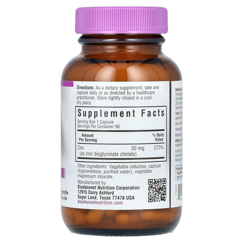 Bluebonnet Nutrition, хелатный цинк, 90 растительных капсул (30 мг в 1 капсуле)