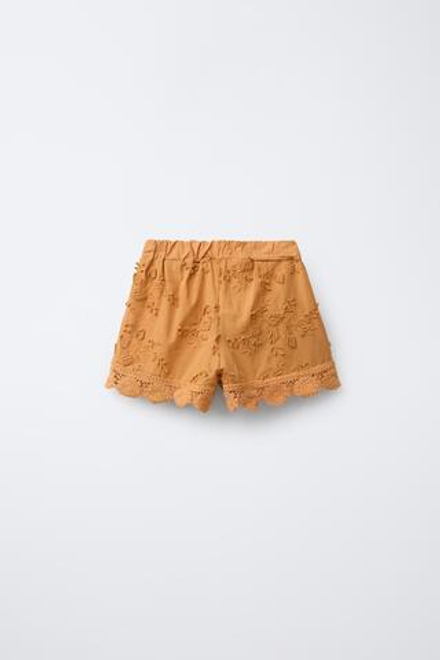 ZARA ТРИКОТАЖНЫЕ ШОРТЫ ИЗ КРУЖЕВА КРОШЕ С ВЫШИВКОЙ «ЛИСТЬЯ», ЧЕРЕПИЧНЫЙ