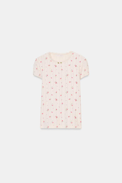 ZARA ФУТБОЛКА С ПЕРФОРАЦИЕЙ И ЦВЕТАМИ, ЭКРЮ