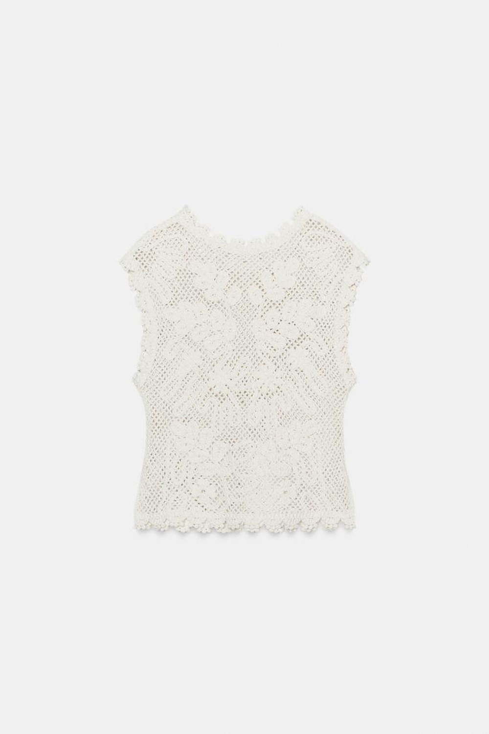 ZARA ТОП ИЗ КРУЖЕВА КРОШЕ БЕЗ РУКАВОВ, БЕЛЫЙ