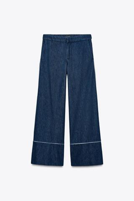 ZARA ШИРОКИЕ БРЮКИ С КОНТРАСТНОЙ ОКАНТОВКОЙ, СИНИЙ