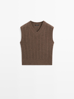 Massimo Dutti Трикотажный жилет из смесовой шерсти с V-образным вырезом, коричневый