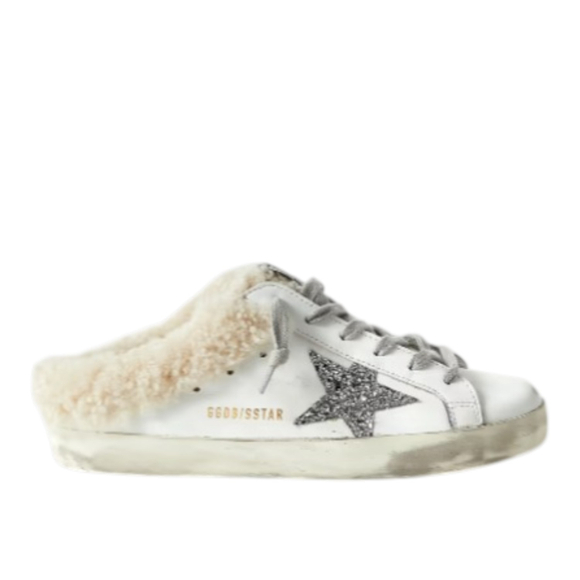 Кеды Golden Goose Superstar Sabot shearling-lined distressed glittered leather slip-on sneakers