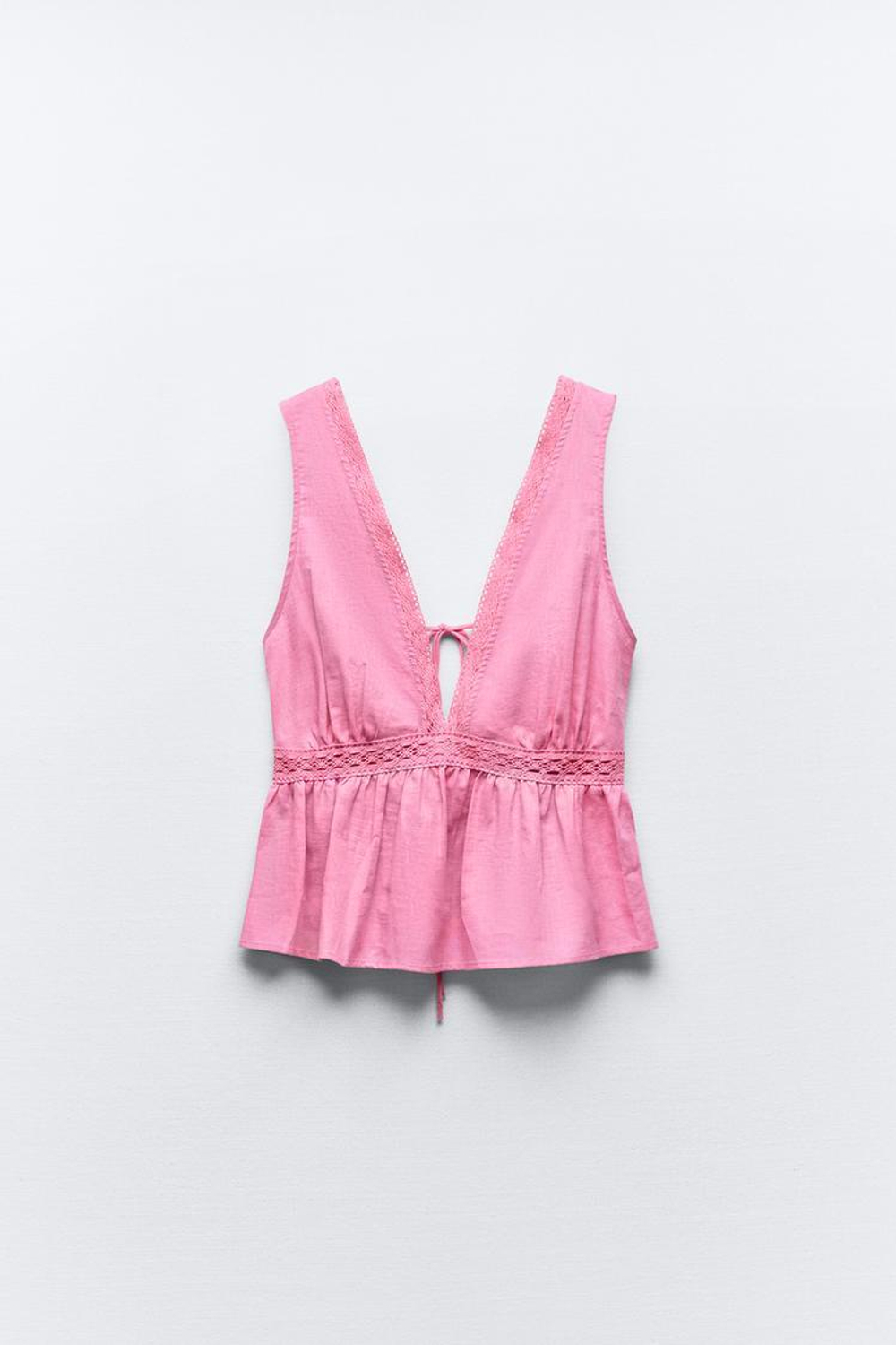 ZARA ТОП ИЗ СМЕСОВОГО ЛЬНА С КРУЖЕВОМ, МЯГКИЙ РОЗОВЫЙ