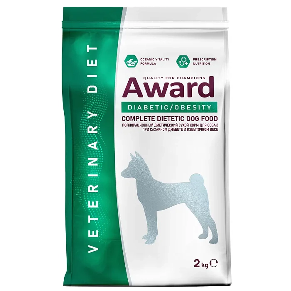 Сухой диетический корм для взрослых собак AWARD VETERINARY DIET DIABETIC AND OBESITY при сахарном диабете и избыточном весе 2 кг
