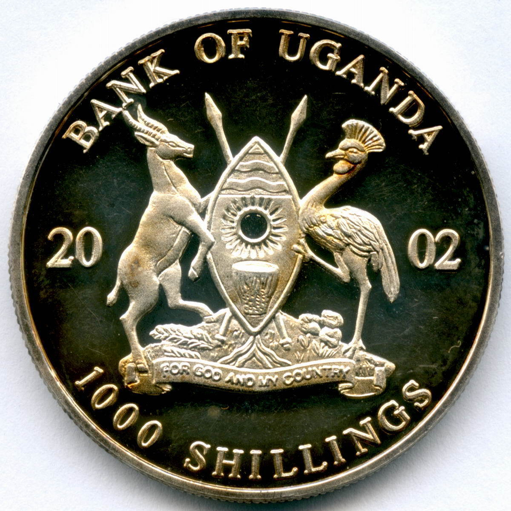 1000 шиллингов 2002 год. Уганда. Мир футбола - Чемпионат мира по футболу в Корее и Японии. Серебро ПРУФ