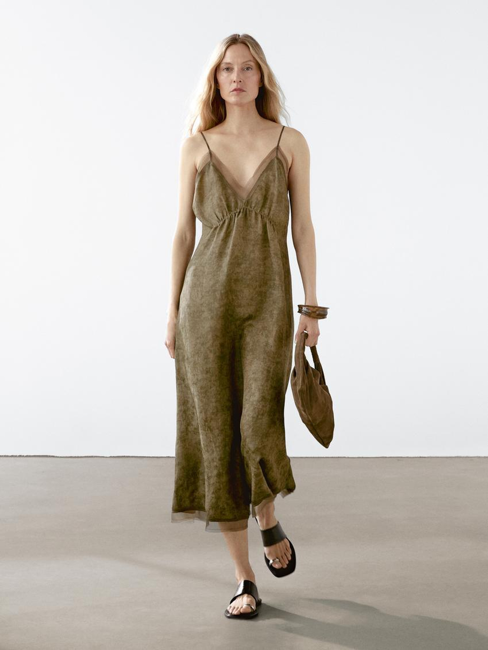 Massimo Dutti Длинное платье с контрастными деталями, фисташковый