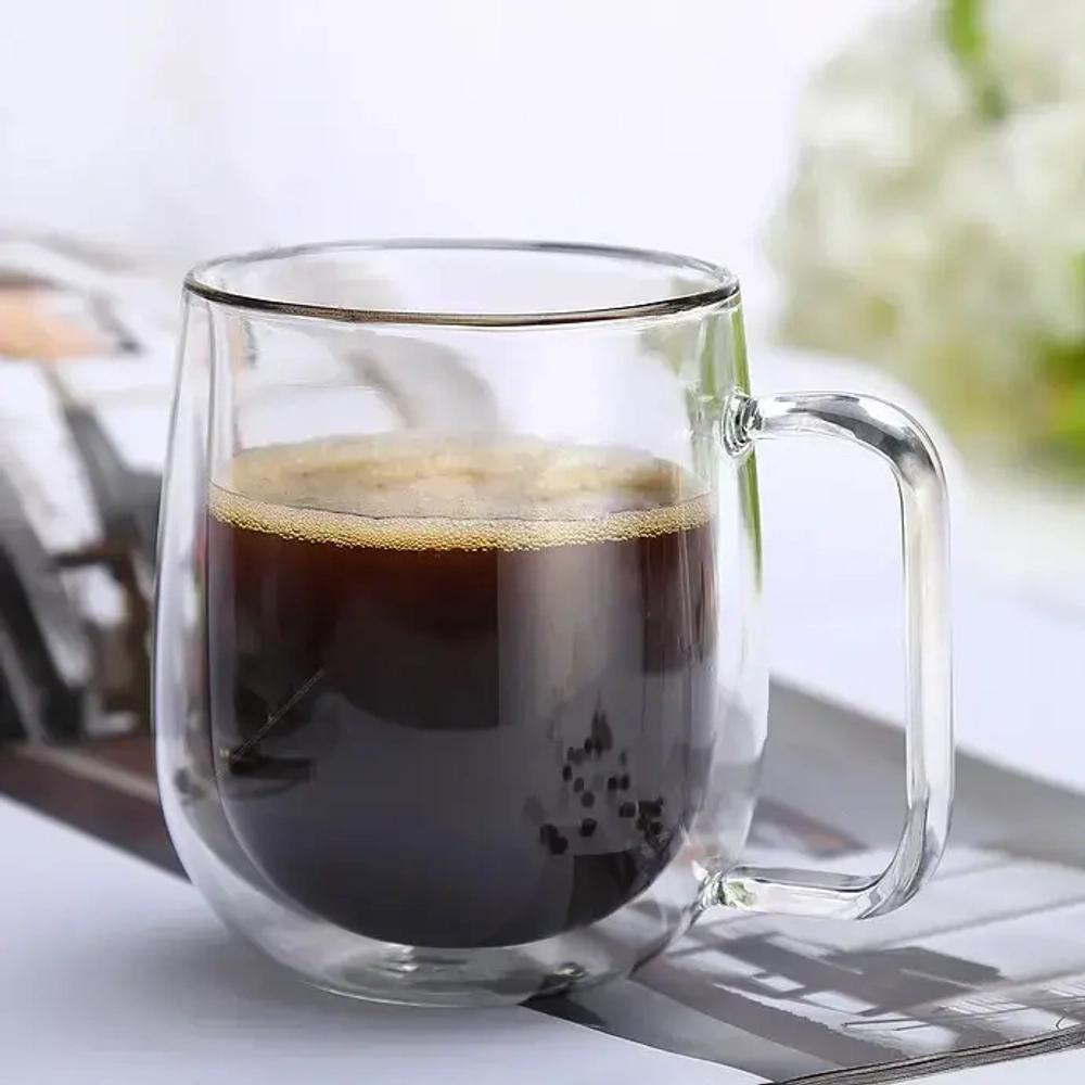 Кружка стеклянная с двойными стенками 150мл «Хай-Тек» большая ручка