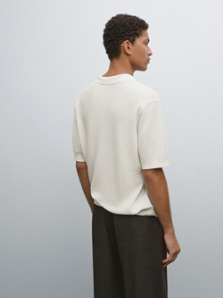 Massimo Dutti Поло из трикотажа с коротким рукавом и фактурной отделкой, натуральный, кремовый