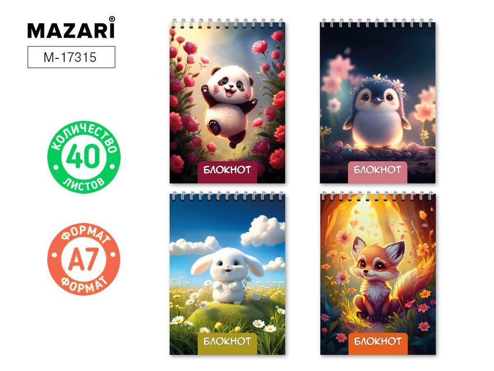 Блокнот А7 40л. клетка, на спирали, обложка картон, блок офсет, ассорти 4 дизайна M-17315 (Mazari)
