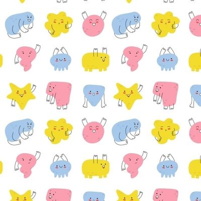 Бесшовный фон из милых забавных монстров. Розовые, желтые и синие монстры на белом фоне