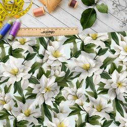 Ткань премиум шелк искусственный Армани белые цветы на зеленых листьях