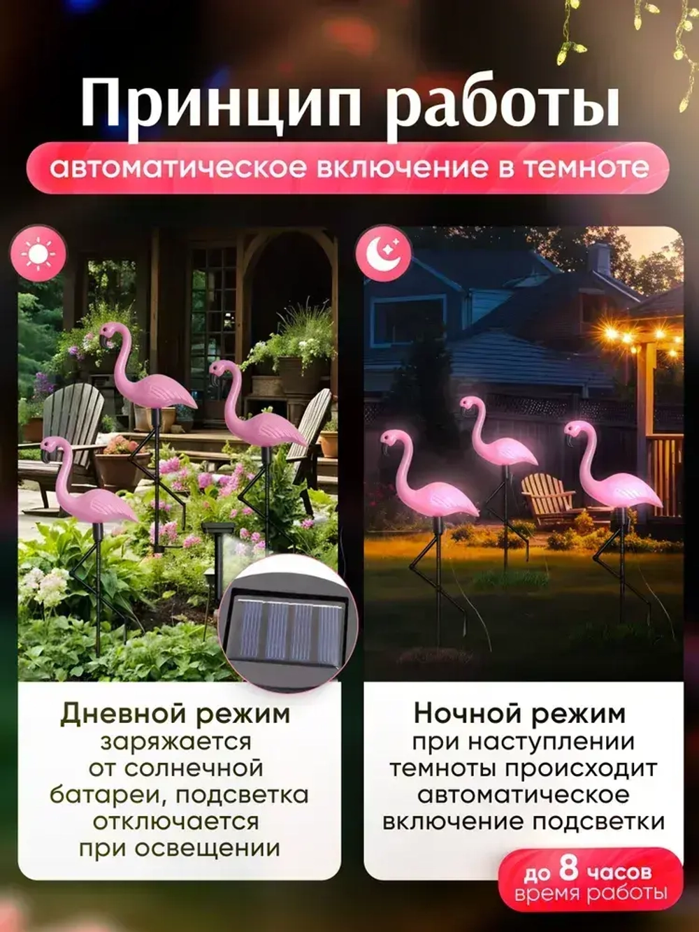 Светильник на солнечной батарее уличный Фламинго / Фонарики садовые