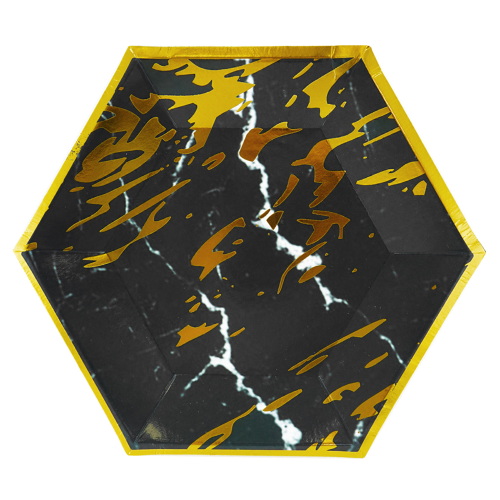 Тарелки фигурные "Золотые брызги" на черном / многогранник с золотой печатью