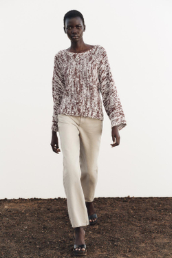 ZARA КОМБИНИРОВАННЫЙ СВИТЕР, КОРИЧНЕВЫЙ/БЕЛЫЙ