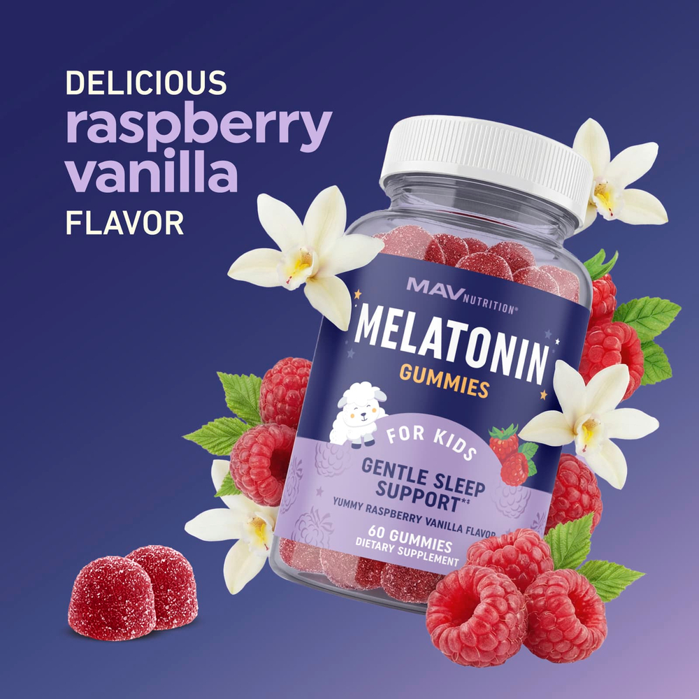 MAV Nutrition, жевательные таблетки с мелатонином, для детей, со вкусом малины, 60 жевательных таблеток