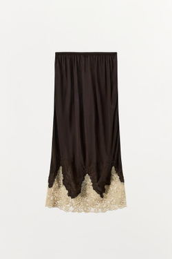 ZARA ЮБКА МИДИ ИЗ 100% ВИСКОЗЫ С ВЫШИВКОЙ И КРУЖЕВОМ, ТЕМНО-КОРИЧНЕВЫЙ