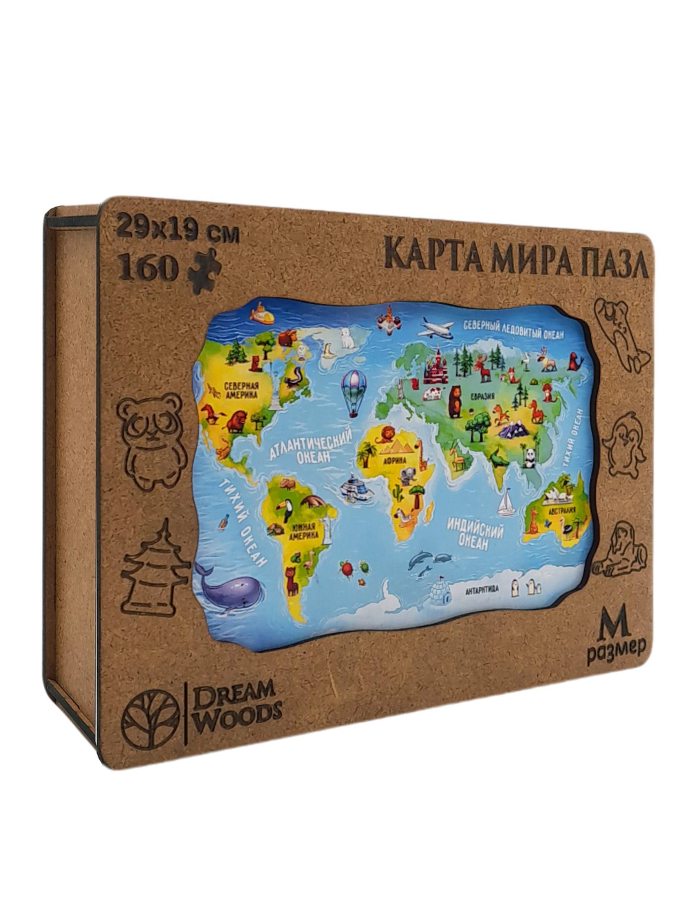 Пазлы деревянные 160 элементов 290*190мм "Карта Мира"