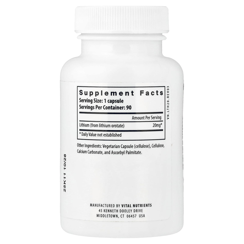 Vital Nutrients, Литий, 20 мг, 90 веганских капсул