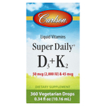 Carlson, Super Daily® D3 + K2, 50 мкг (2000 МЕ) и 45 мкг, 10,16 мл (0,34 жидк. унции)