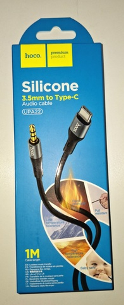 338_ Кабель AUX джек 3,5 вход - Type-C HOCO арт. UPA22 silicone (100см), черный ш/к 6931474769497