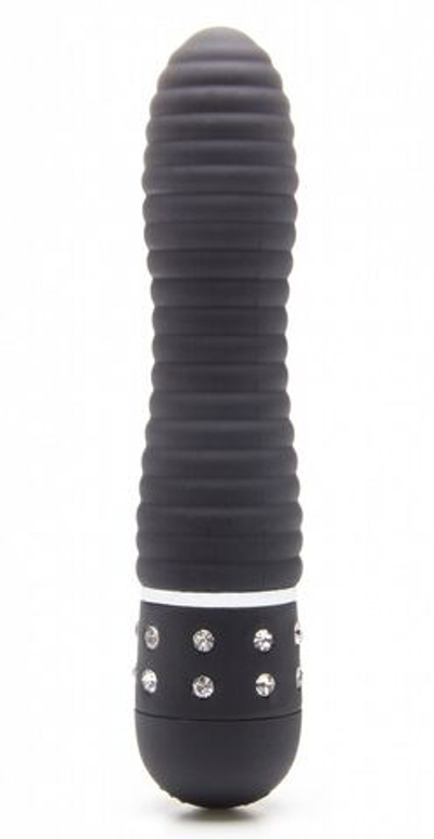 Чёрный мини-вибратор с рёбрышками и стразами Diamond Ribbing Vibe - 11,5 см. (Цвет: черный)