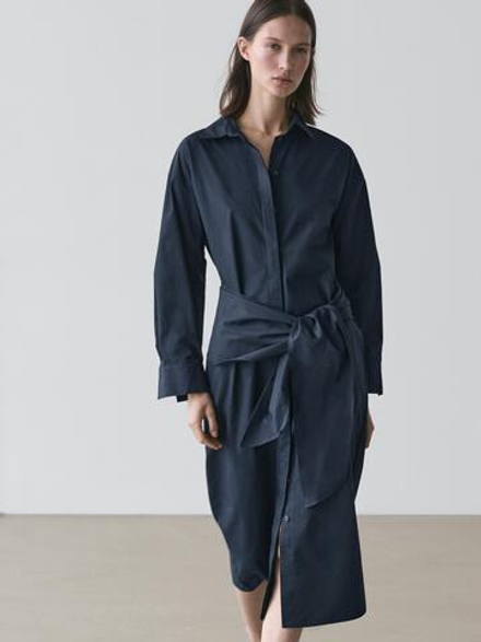 Massimo Dutti Платье-рубашка миди с шарфом, синий