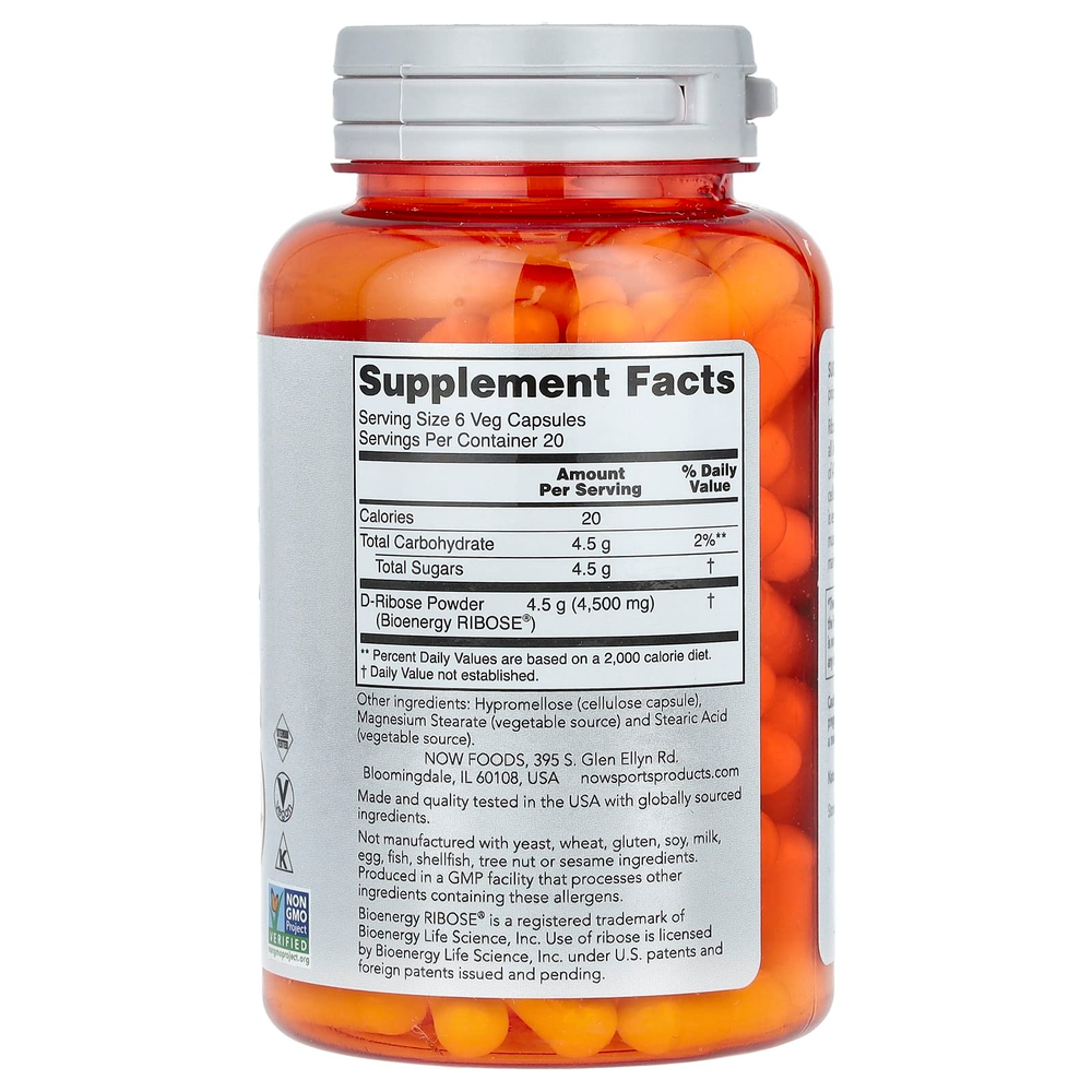 NOW Foods, Sports, D-рибоза, 750 мг, 120 растительных капсул (125 мг в 1 капсуле)
