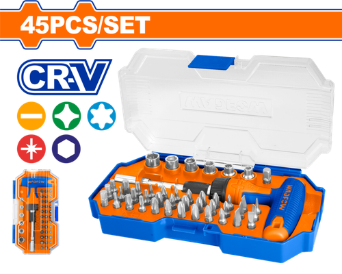 Отвертка трещоточная с битами 45 шт (6/24) WADFOW WSS8B45