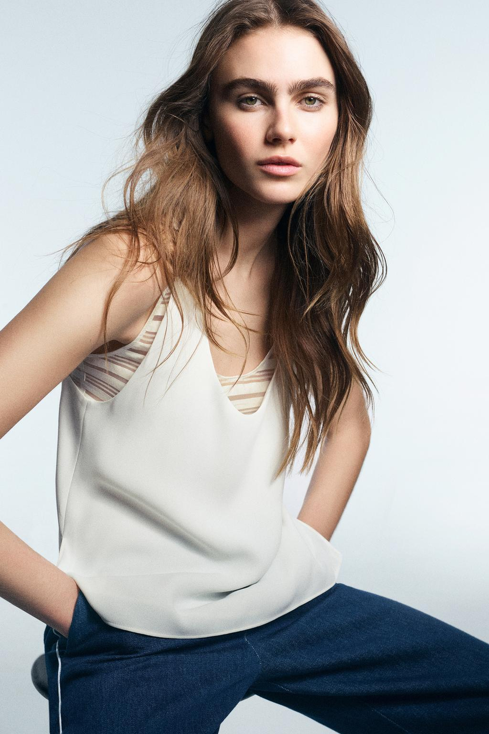 ZARA ТОП КОМБИНИРОВАННЫЙ, ЖЕЛТОВАТО-БЕЛЫЙ