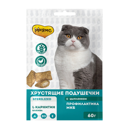 МНЯМС Хрустящие подушечки для стерилизованных кошек с цыпленком и клюквой, профилактика МКБ 0,06 кг