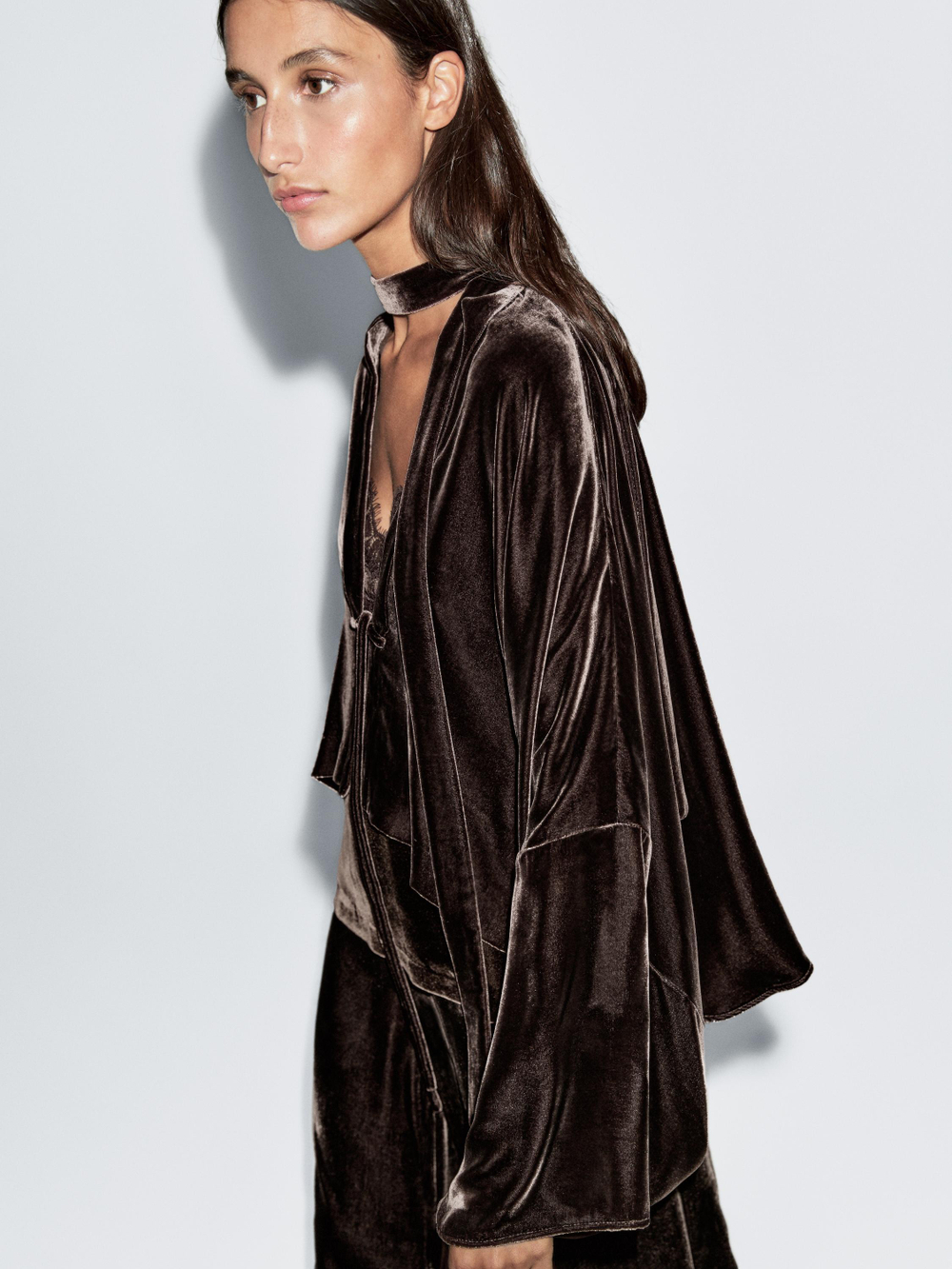 Massimo Dutti Бархатное кимоно с шарфом, коричневый