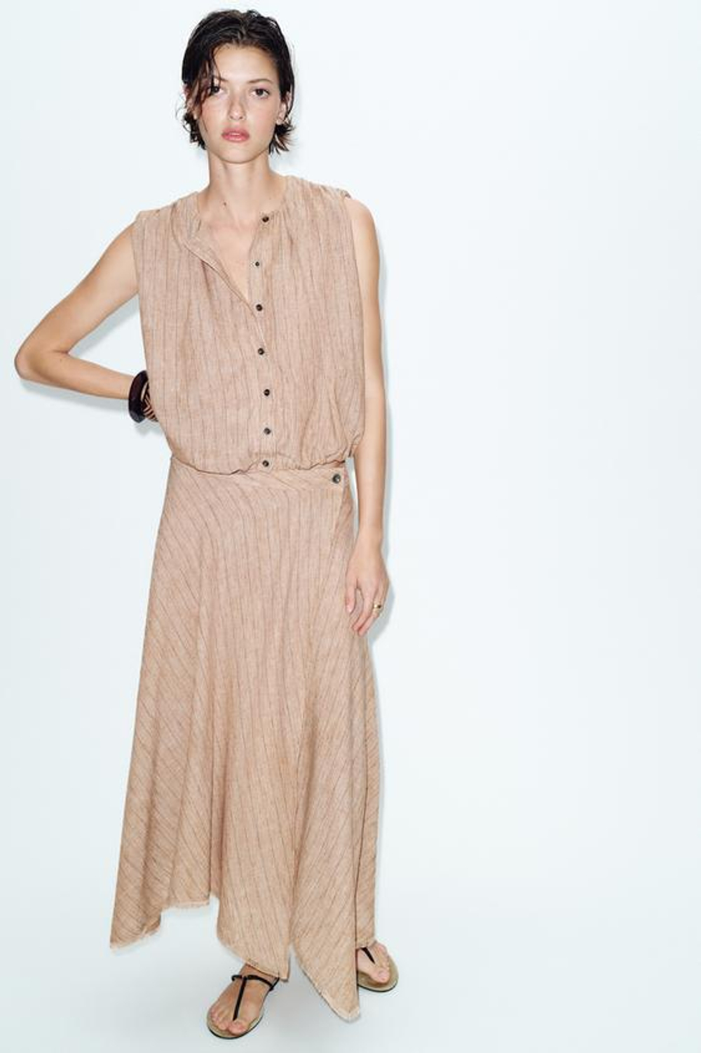 ZARA ЮБКА АСИММЕТРИЧНОГО КРОЯ В ПОЛОСКУ, СВЕТЛО-КОРИЧНЕВЫЙ