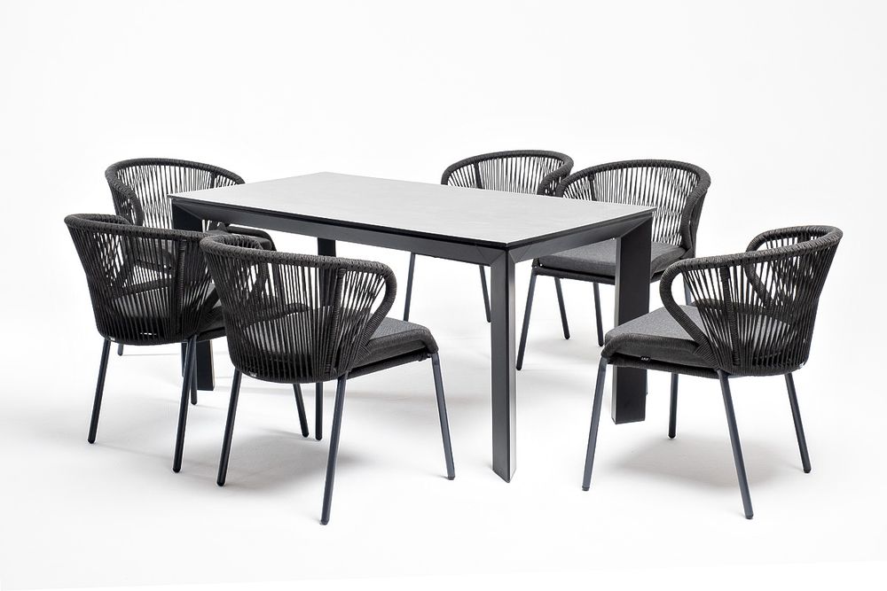 "Венето" обеденная группа на 6 персон со стульями "Милан", каркас темно-серый, роуп темно-серый