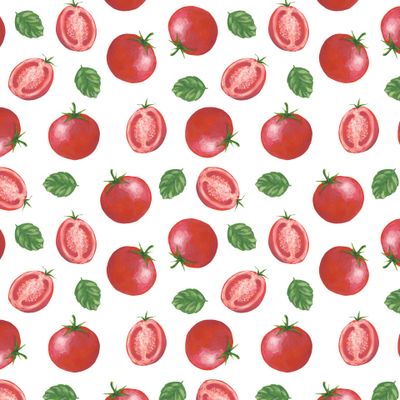 Помидоры и листья на белом фоне.